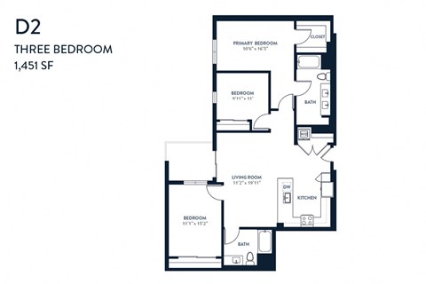 Floor plan for 3 beds, 2 baths, 1451 sqft